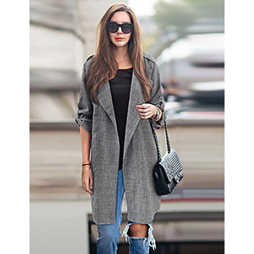 Women's Plus Size Trench Coat,Solid Asymmetrical Long Sleeve Fall Gray Cotton Opaque  
