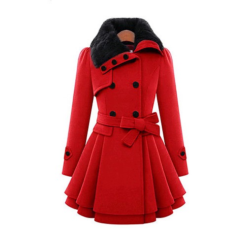 Women's Vintage Coat,Solid Shirt Collar Long Sleeve Winter Red / Beige Wool / Cotton / Others Thick  