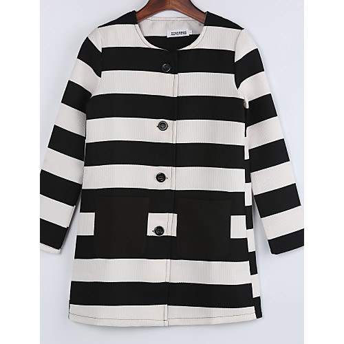 Women's Coat,Color Block Round Neck Long Sleeve Fall Black Wool / Others Thick  