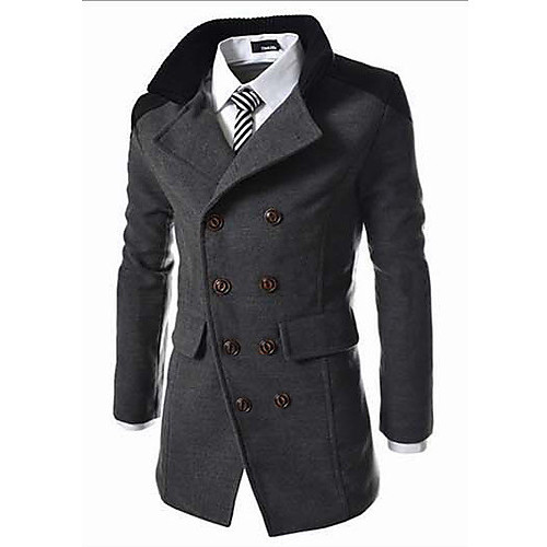 Men's Solid Casual / Work Trench coat,Polyester / Wool Blend Long Sleeve-Black / Blue / Gray  