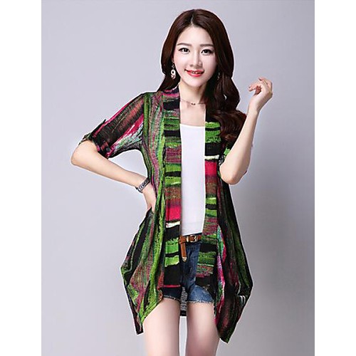 Women's Casual/Daily Plus Size / Street chic Summer Shirt,Print Cowl ½ Length Sleeve Blue / Red / Green / Yellow Polyester Medium  